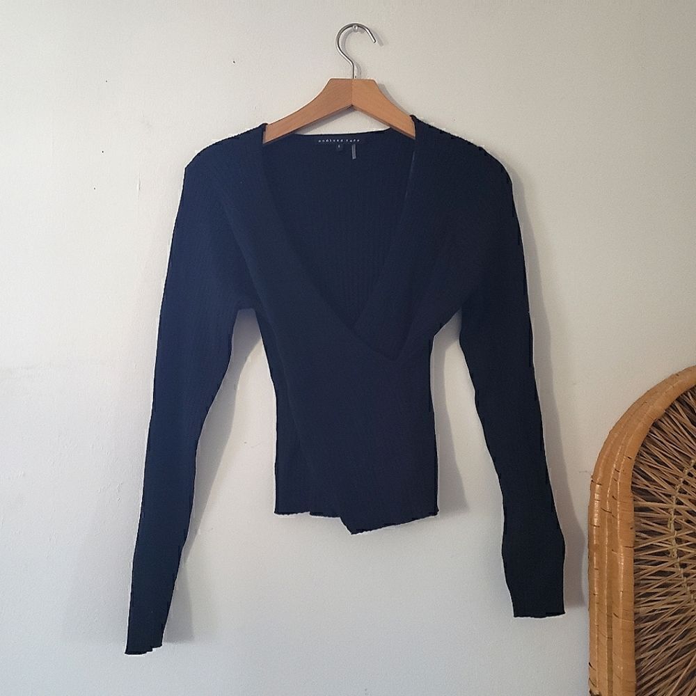 Endless Rose Crossover Sweater Ribbed Knit Black Wrap L